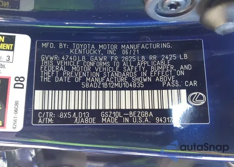 2021 Lexus Es 350 from USA, damaged, VIN 58ADZ1B12MU104835